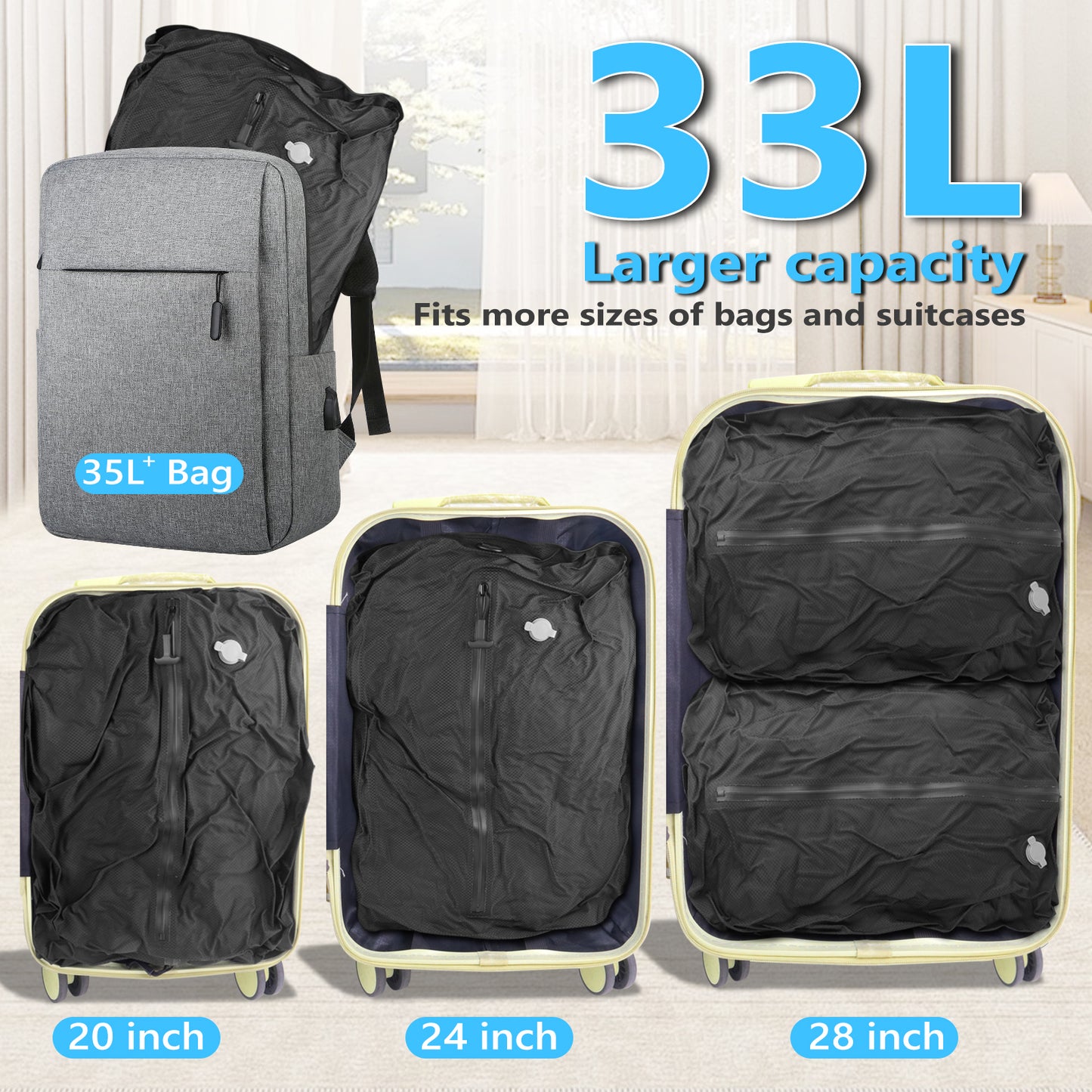 33L Professional Vacuum Bags for Travel with Wireless Vacuum Pump, Dobaly IP67 Reusable Vacuum Compression Bags for Suitcases and Backpack Space Saver Vacuum Bags Lightweight&Durable (2PC+Pump)