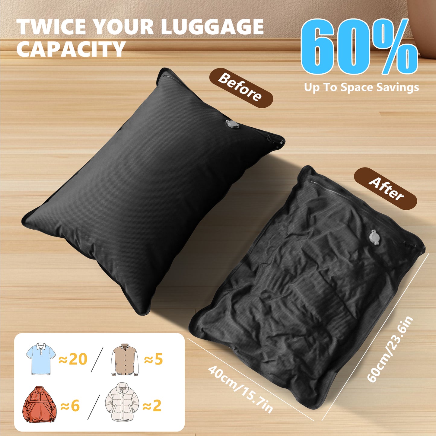 2PC Professional Vacuum Bags for Travel with 55W Super Power Electric Pump, Dobaly IP67 Reusable Vacuum Compression Bags for Suitcases and Backpack Space Saver Vacuum Bags Durable(2 Medium+Pump)